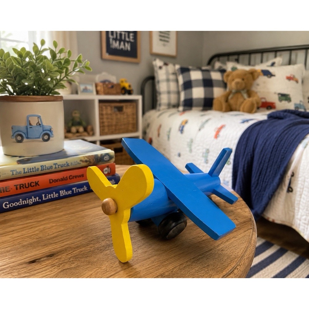 Wooden‎ Toy Airplane Blue Yellow Propeller Spins Kids Play Decor 2009